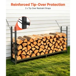 VEVOR Firewood Rack with Waterproof Cover 8ft 1/2 Cord Outdoor Wood Storage, for Fireplace Patio Deck, 2400 lbs Load Capacity Heavy Duty Fire Log Holder Stacker Stand, Metal Wood Pile Organizer, Black
