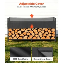 VEVOR Firewood Rack with Waterproof Cover 8ft 1/2 Cord Outdoor Wood Storage, for Fireplace Patio Deck, 2400 lbs Load Capacity Heavy Duty Fire Log Holder Stacker Stand, Metal Wood Pile Organizer, Black