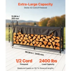 VEVOR Firewood Rack with Waterproof Cover 8ft 1/2 Cord Outdoor Wood Storage, for Fireplace Patio Deck, 2400 lbs Load Capacity Heavy Duty Fire Log Holder Stacker Stand, Metal Wood Pile Organizer, Black