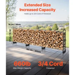VEVOR Firewood Rack with Waterproof Cover, 150 x 14 x 46 in Outdoor Firewood Holder, 660lb Weight Capacity, 1/2 Cord Log Holder, Half-Covered, Powder-coated Wood Storage Rack for Fireplace Deck