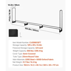 VEVOR Firewood Rack with Waterproof Cover, 150 x 14 x 46 in Outdoor Firewood Holder, 660lb Weight Capacity, 1/2 Cord Log Holder, Half-Covered, Powder-coated Wood Storage Rack for Fireplace Deck