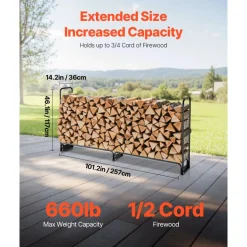 VEVOR Firewood Rack with Waterproof Cover, 8 ft Outdoor Firewood Holder, 1/2 Cord Storage Metal Log Holder, 660lb Max Weight Capacity, Top Covered, Powder-Coated Wood Storage Rack for Fireplace Deck