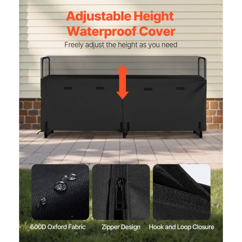 VEVOR Firewood Rack with Waterproof Cover, 8 ft Outdoor Firewood Holder, 1/2 Cord Storage Metal Log Holder, 660lb Max Weight Capacity, Top Covered, Powder-Coated Wood Storage Rack for Fireplace Deck