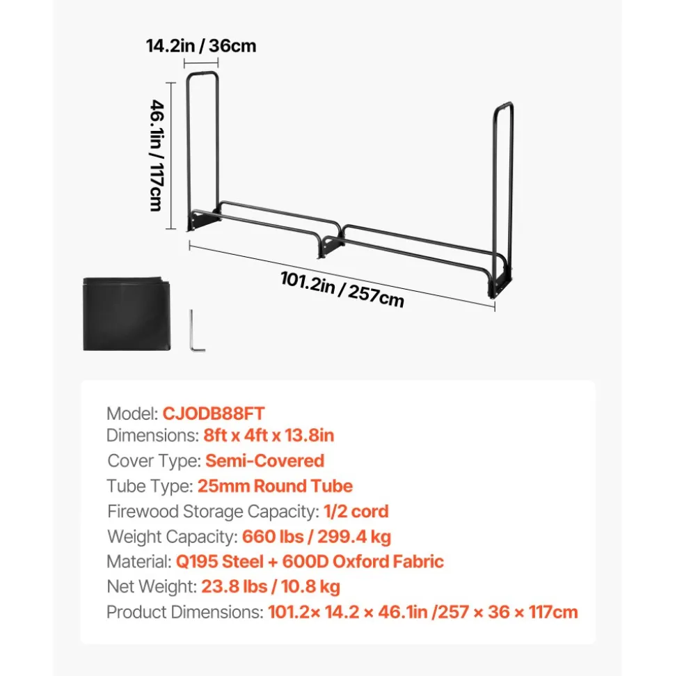VEVOR Firewood Rack with Waterproof Cover, 8 ft Outdoor Firewood Holder, 1/2 Cord Storage Metal Log Holder, 660lb Max Weight Capacity, Top Covered, Powder-Coated Wood Storage Rack for Fireplace Deck