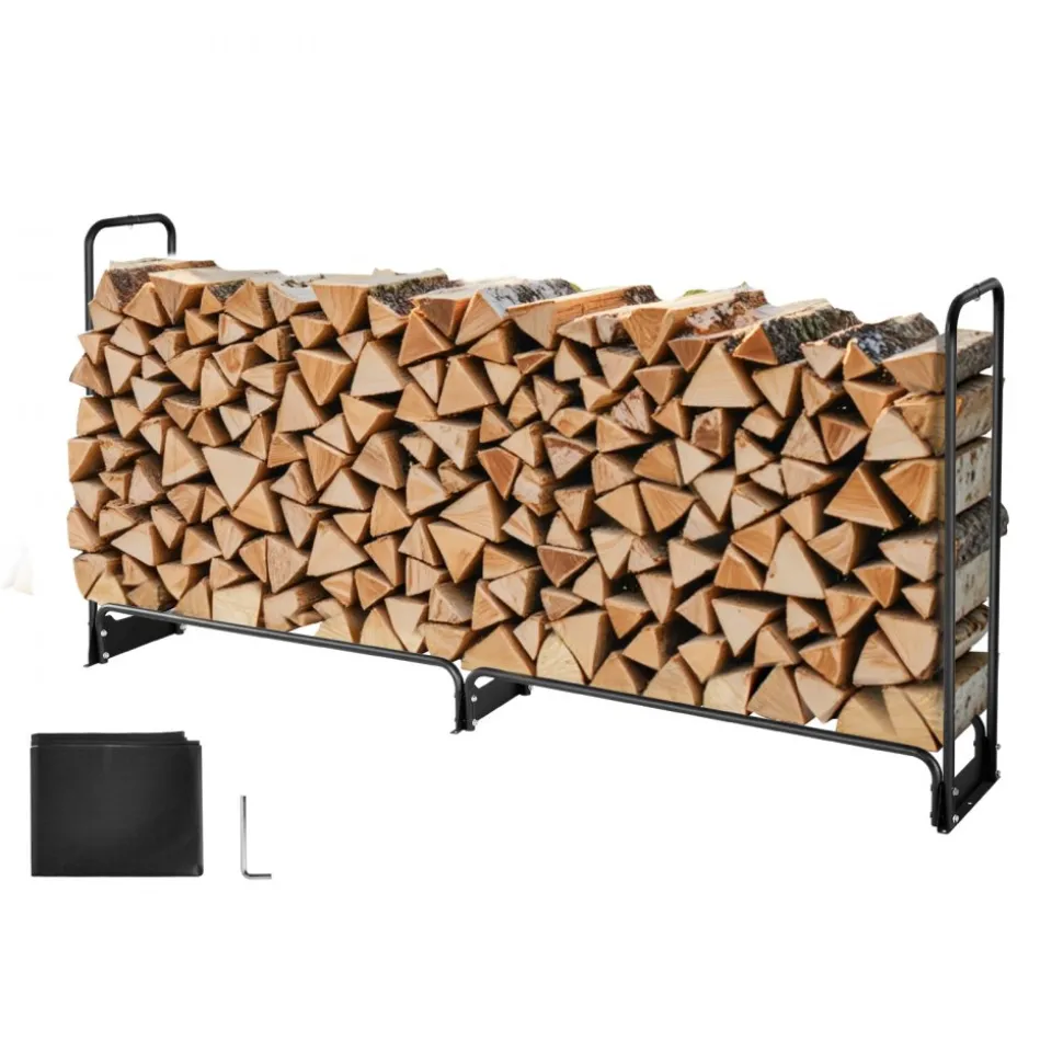VEVOR Firewood Rack with Waterproof Cover, 8 ft Outdoor Firewood Holder, 1/2 Cord Storage Metal Log Holder, 660lb Max Weight Capacity, Top Covered, Powder-Coated Wood Storage Rack for Fireplace Deck
