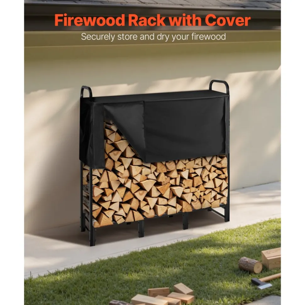 VEVOR Firewood Rack with Waterproof Cover, 4 ft Outdoor Firewood Holder, 1/4 Cord Storage Metal Log Holder, 400lb Max Weight Capacity, Top Covered, Powder-Coated Wood Storage Rack for Fireplace Deck