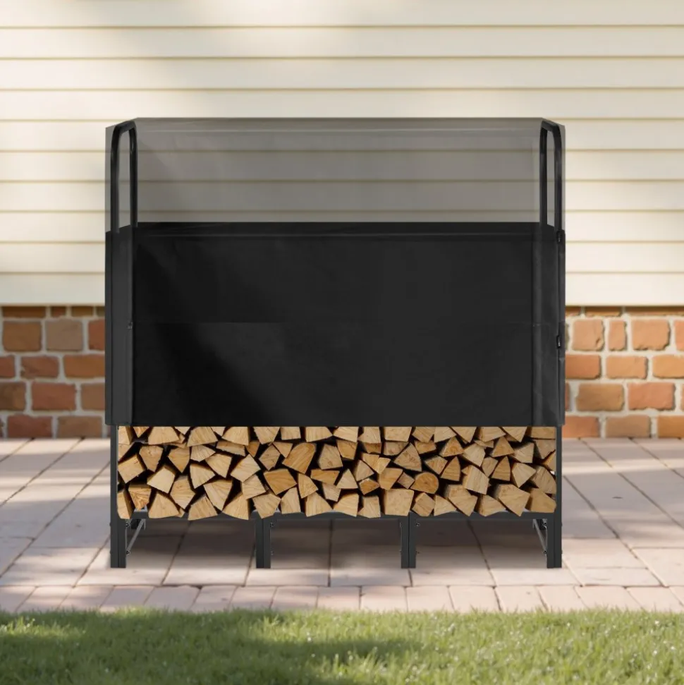 VEVOR Firewood Rack with Waterproof Cover, 4 ft Outdoor Firewood Holder, 1/4 Cord Storage Metal Log Holder, 400lb Max Weight Capacity, Top Covered, Powder-Coated Wood Storage Rack for Fireplace Deck