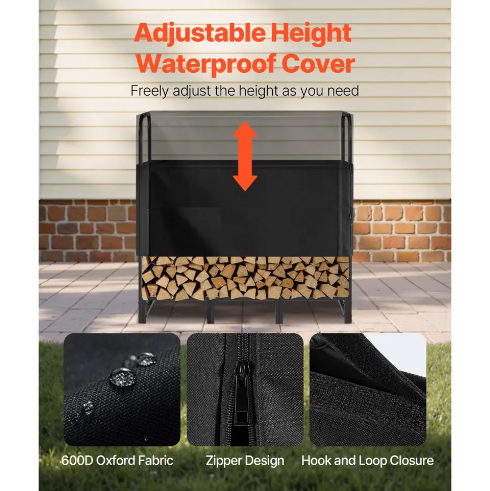 VEVOR Firewood Rack with Waterproof Cover, 4 ft Outdoor Firewood Holder, 1/4 Cord Storage Metal Log Holder, 400lb Max Weight Capacity, Top Covered, Powder-Coated Wood Storage Rack for Fireplace Deck