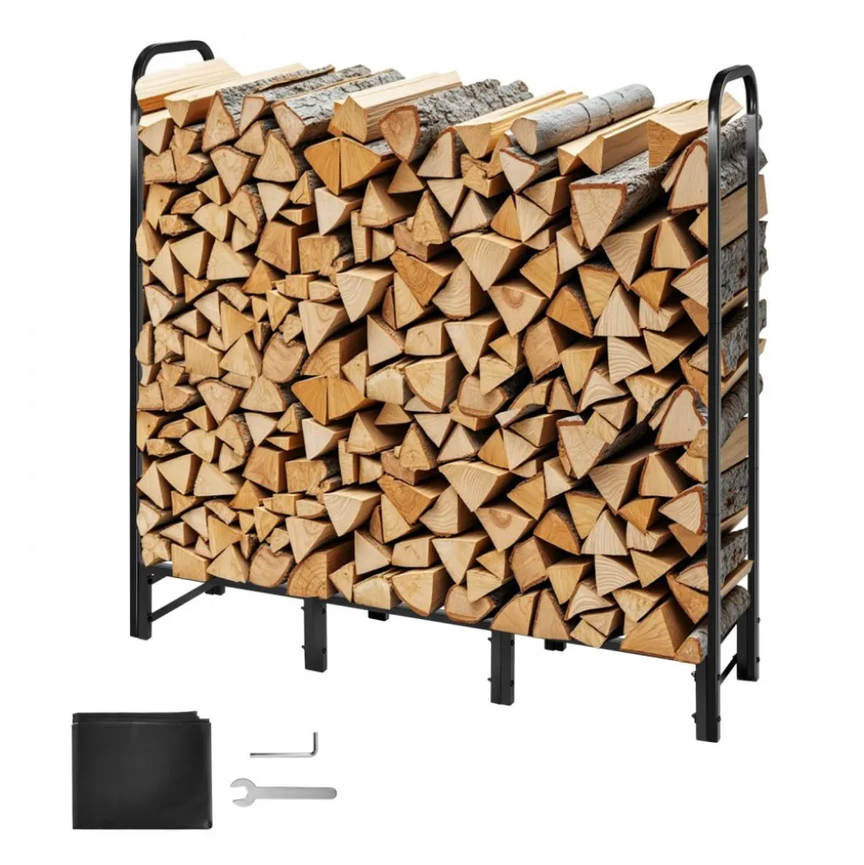 VEVOR Firewood Rack with Waterproof Cover, 4 ft Outdoor Firewood Holder, 1/4 Cord Storage Metal Log Holder, 400lb Max Weight Capacity, Top Covered, Powder-Coated Wood Storage Rack for Fireplace Deck