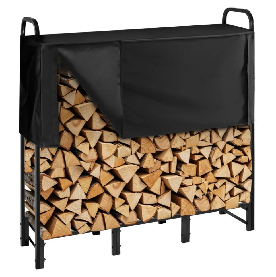 VEVOR Firewood Rack with Waterproof Cover, 4 ft Outdoor Firewood Holder, 1/4 Cord Storage Metal Log Holder, 400lb Max Weight Capacity, Top Covered, Powder-Coated Wood Storage Rack for Fireplace Deck