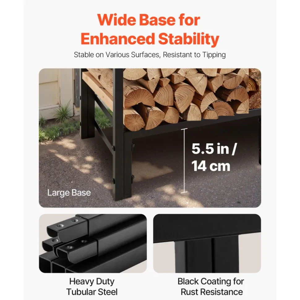 VEVOR Firewood Rack with Waterproof Cover, 4 ft Outdoor Firewood Holder, 1/4 Cord Storage Metal Log Holder, 400lb Max Weight Capacity, Top Covered, Powder-Coated Wood Storage Rack for Fireplace Deck