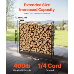 VEVOR Firewood Rack with Waterproof Cover, 4 ft Outdoor Firewood Holder, 1/4 Cord Storage Metal Log Holder, 400lb Max Weight Capacity, Top Covered, Powder-Coated Wood Storage Rack for Fireplace Deck