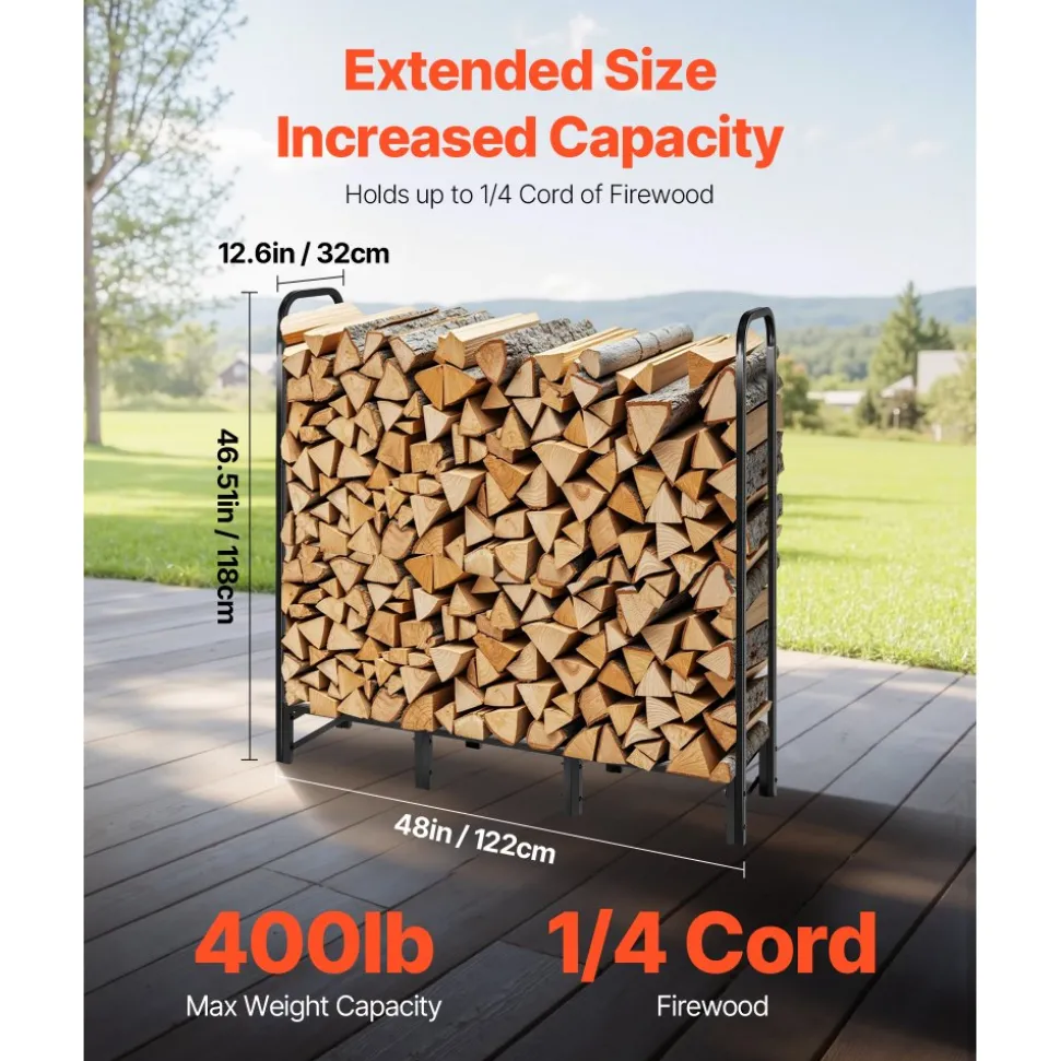 VEVOR Firewood Rack with Waterproof Cover, 4 ft Outdoor Firewood Holder, 1/4 Cord Storage Metal Log Holder, 400lb Max Weight Capacity, Top Covered, Powder-Coated Wood Storage Rack for Fireplace Deck