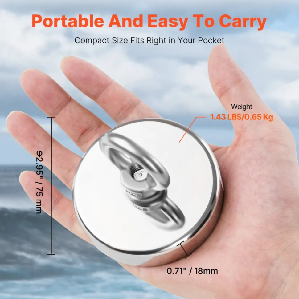 VEVOR Fishing Magnet, 700 LBS/318 Kg Pulling Force Super Strong Neodymium Fishing Magnet, Rare Earth Magnet with Handle Diameter 2.36 in/60 mm for Retrieving in River, Magnetic Fishing, Heavy Hanging