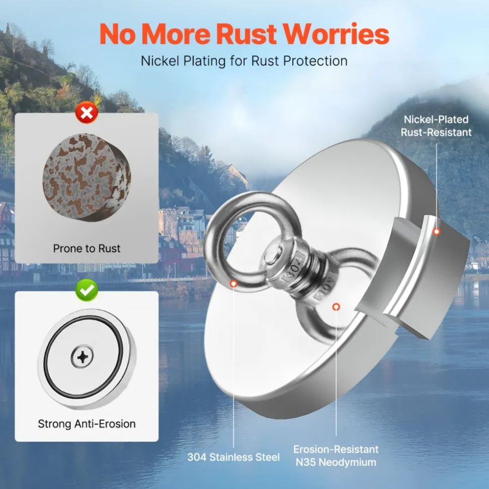 VEVOR Fishing Magnet, 700 LBS/318 Kg Pulling Force Super Strong Neodymium Fishing Magnet, Rare Earth Magnet with Handle Diameter 2.36 in/60 mm for Retrieving in River, Magnetic Fishing, Heavy Hanging