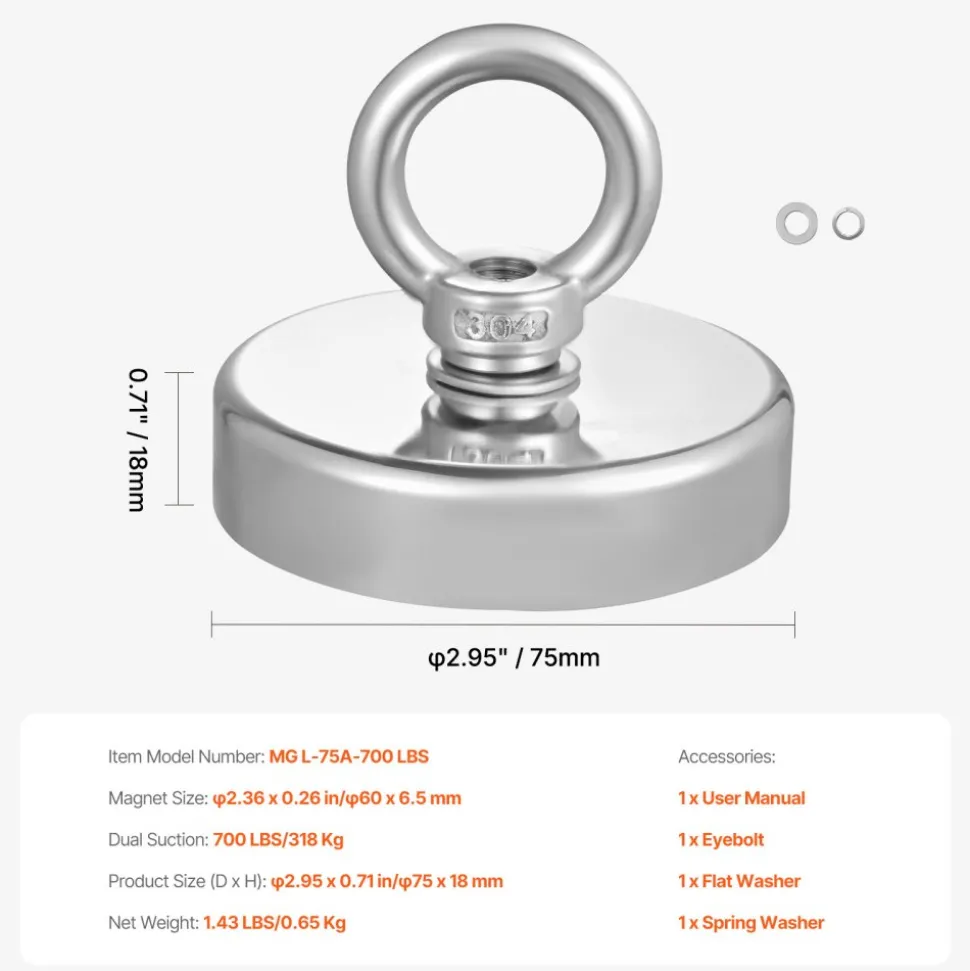 VEVOR Fishing Magnet, 700 LBS/318 Kg Pulling Force Super Strong Neodymium Fishing Magnet, Rare Earth Magnet with Handle Diameter 2.36 in/60 mm for Retrieving in River, Magnetic Fishing, Heavy Hanging