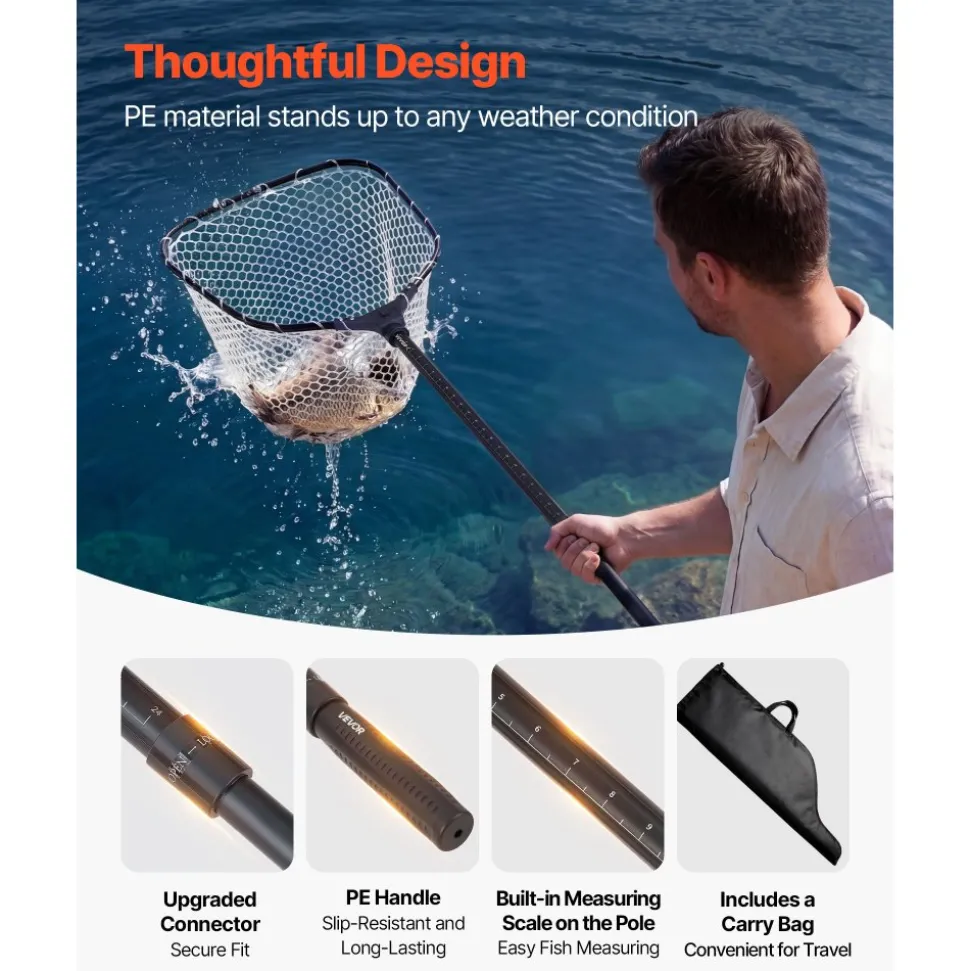 VEVOR Fishing Net, Foldable Landing Nets with Telescopic Handle, Portable Lightweight and Stronger 6063 Aluminum Fish Gear, Soft Silicone Fish-Friendly Mesh, for Kayak, Boat, Bank, Pond, Gifts for Men