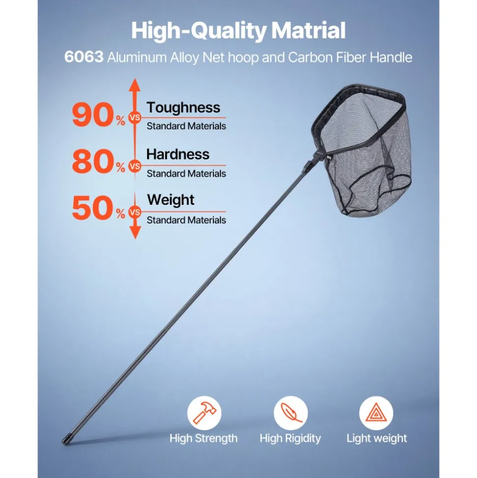 VEVOR Fishing Net, Foldable Landing Nets with Telescopic Handle, Portable Lightweight Carbon Fiber Long Fish Gear, Nylon Covered PVC, Durable and Fish-friendly, for Kayak Boat Bank Pond, Gifts for Men