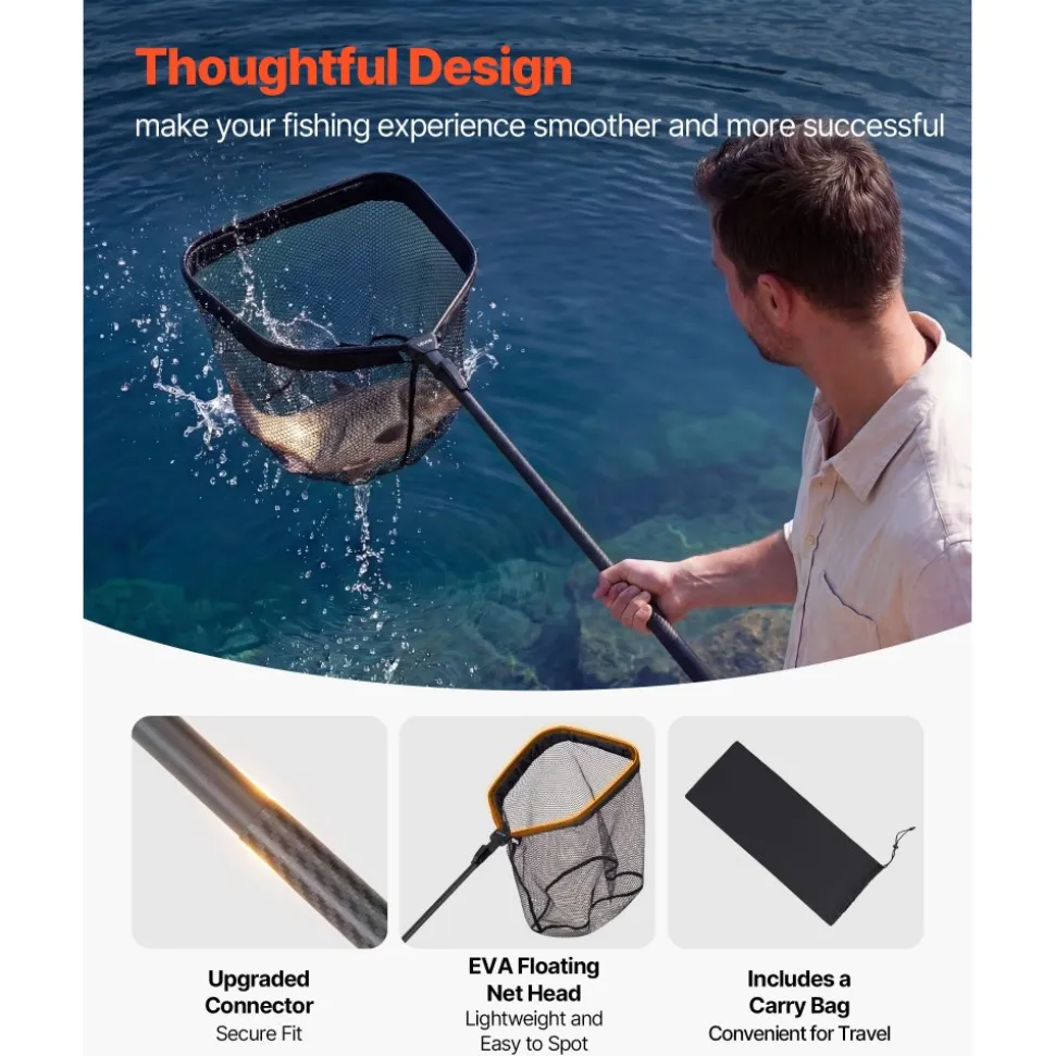 VEVOR Fishing Net, Foldable Landing Nets with Telescopic Handle, Portable Lightweight Carbon Fiber Long Fish Gear, Nylon Covered PVC, Durable and Fish-friendly, for Kayak Boat Bank Pond, Gifts for Men