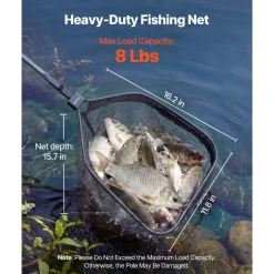 VEVOR Fishing Net, Foldable Landing Nets with Telescopic Handle, Portable Lightweight Carbon Fiber Long Fish Gear, Nylon Covered PVC, Durable and Fish-friendly, for Kayak Boat Bank Pond, Gifts for Men