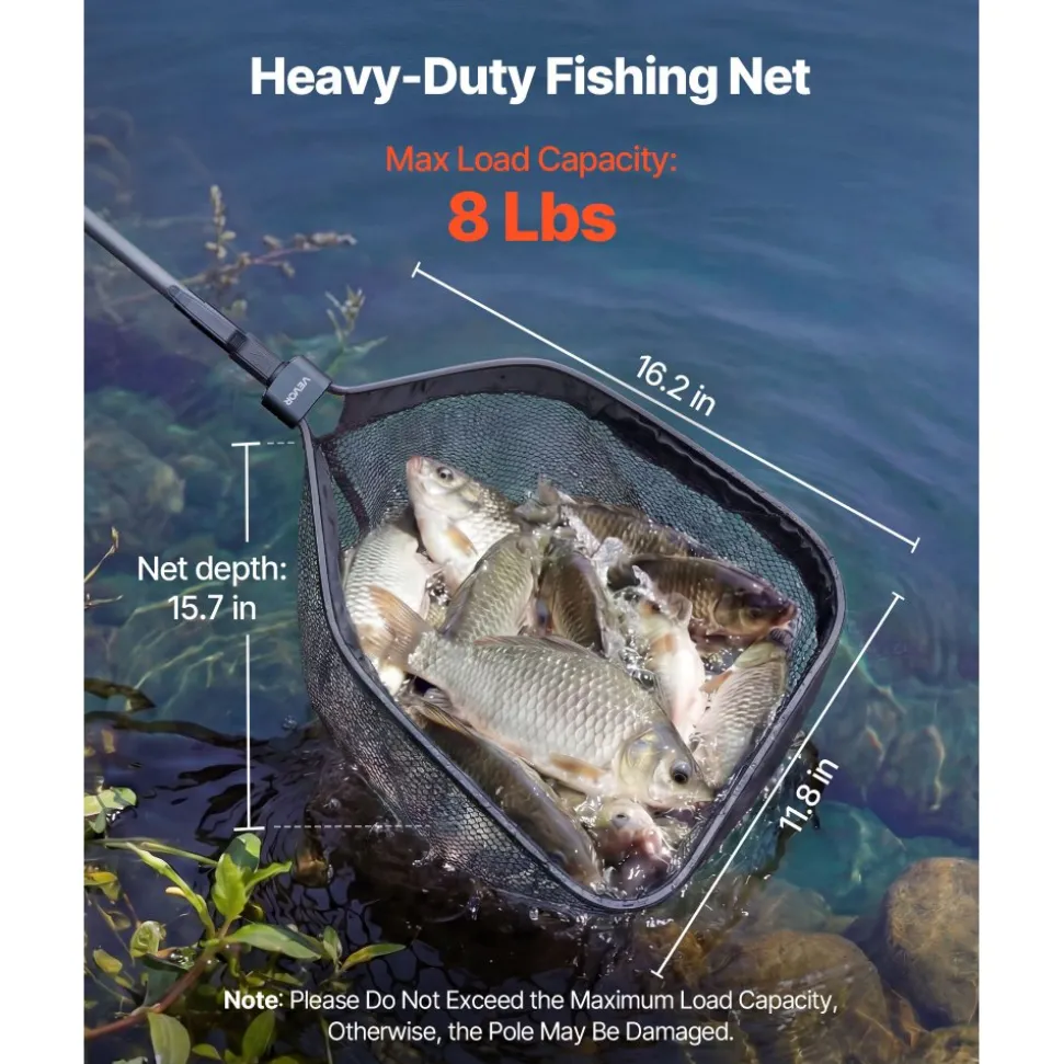 VEVOR Fishing Net, Foldable Landing Nets with Telescopic Handle, Portable Lightweight Carbon Fiber Long Fish Gear, Nylon Covered PVC, Durable and Fish-friendly, for Kayak Boat Bank Pond, Gifts for Men