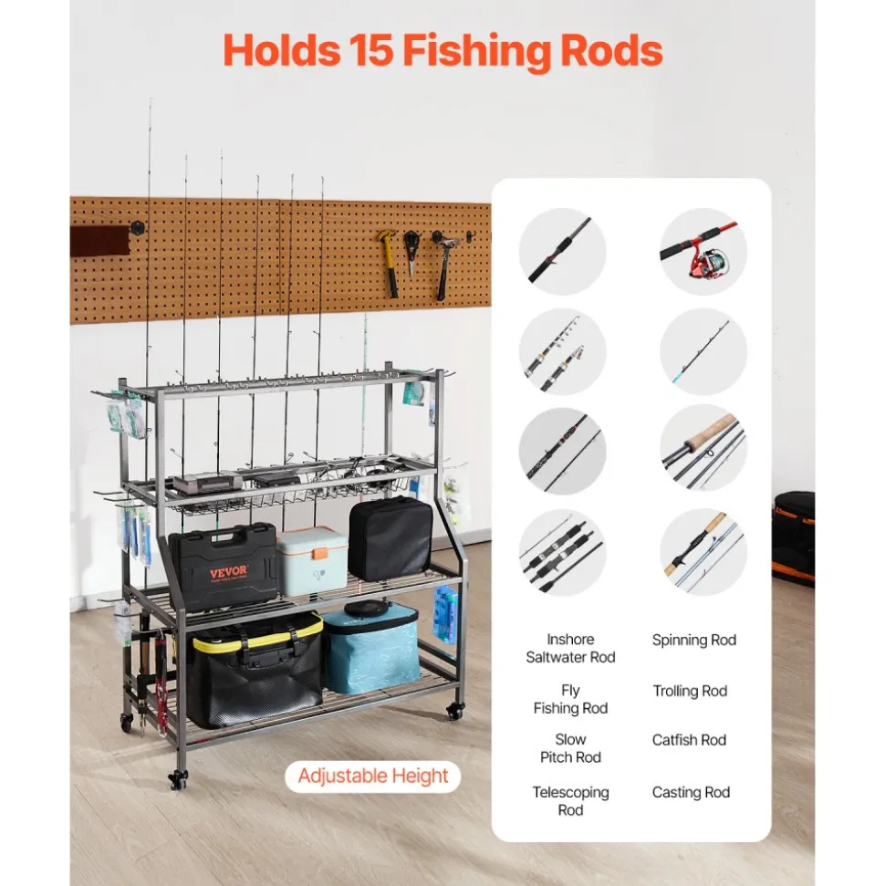VEVOR Fishing Rod Holder for 15-Rods, Mobile Fishing Pole Rack Cart with Wheels, Fish Gear Equipment Organizer for Garage Home Indoor Use, for Tackle Box Reel Accessories Storage, Gifts for Men