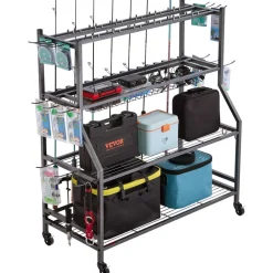 VEVOR Fishing Rod Holder for 15-Rods, Mobile Fishing Pole Rack Cart with Wheels, Fish Gear Equipment Organizer for Garage Home Indoor Use, for Tackle Box Reel Accessories Storage, Gifts for Men
