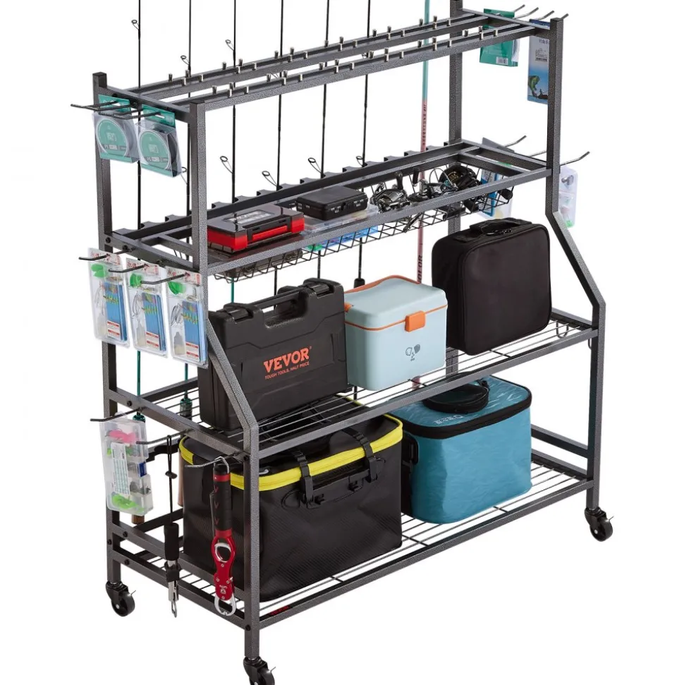 VEVOR Fishing Rod Holder for 15-Rods, Mobile Fishing Pole Rack Cart with Wheels, Fish Gear Equipment Organizer for Garage Home Indoor Use, for Tackle Box Reel Accessories Storage, Gifts for Men