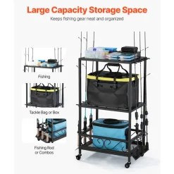VEVOR Fishing Rod Holder for 10-Rods, Mobile Fishing Pole Rack Cart with Wheels, Fish Gear Equipment Organizer for Garage Home Indoor Use, for Tackle Box Reel Accessories Storage, Gifts for Men