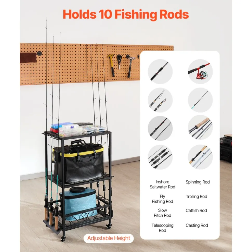 VEVOR Fishing Rod Holder for 10-Rods, Mobile Fishing Pole Rack Cart with Wheels, Fish Gear Equipment Organizer for Garage Home Indoor Use, for Tackle Box Reel Accessories Storage, Gifts for Men