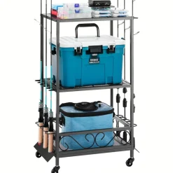 VEVOR Fishing Rod Holder for 10-Rods, Mobile Fishing Pole Rack Cart with Wheels, Fish Gear Equipment Organizer for Garage Home Indoor Use, for Tackle Box Reel Accessories Storage, Gifts for Men