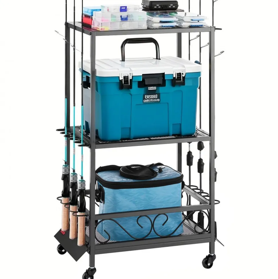 VEVOR Fishing Rod Holder for 10-Rods, Mobile Fishing Pole Rack Cart with Wheels, Fish Gear Equipment Organizer for Garage Home Indoor Use, for Tackle Box Reel Accessories Storage, Gifts for Men