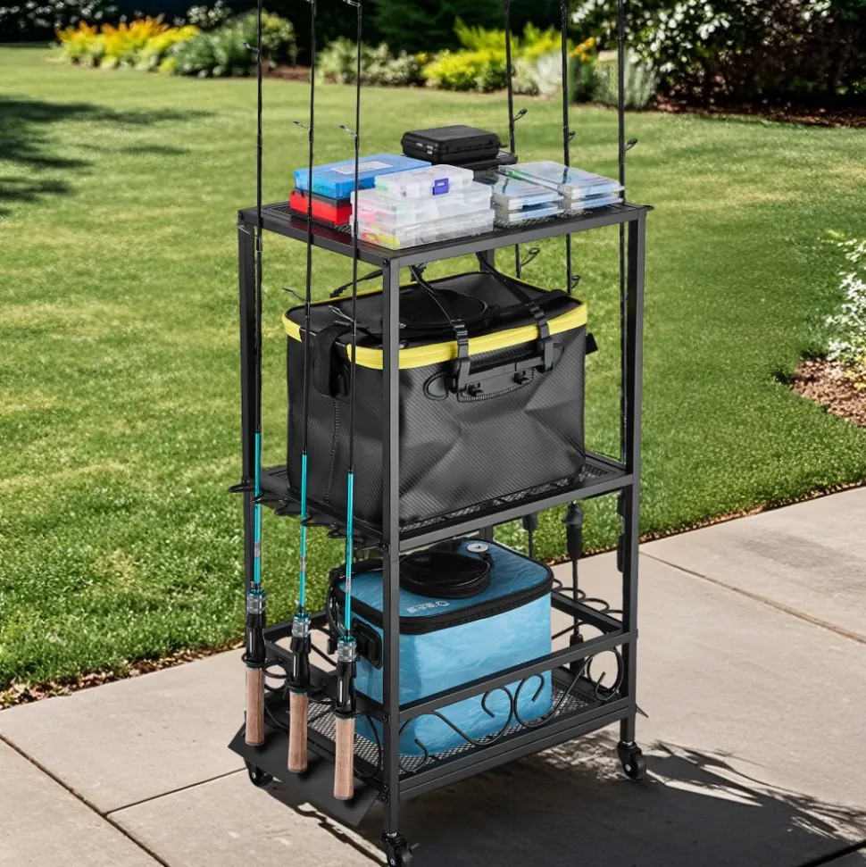 VEVOR Fishing Rod Holder for 10-Rods, Mobile Fishing Pole Rack Cart with Wheels, Fish Gear Equipment Organizer for Garage Home Indoor Use, for Tackle Box Reel Accessories Storage, Gifts for Men