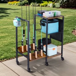 VEVOR Fishing Rod Holder for 12-Rods, Mobile Fishing Pole Rack Cart with Wheels, Fish Gear Equipment Organizer for Garage Home Indoor Use, for Tackle Box Reel Accessories Storage, Gifts for Men