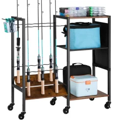 VEVOR Fishing Rod Holder for 12-Rods, Mobile Fishing Pole Rack Cart with Wheels, Fish Gear Equipment Organizer for Garage Home Indoor Use, for Tackle Box Reel Accessories Storage, Gifts for Men