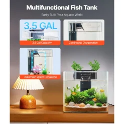 VEVOR Fish Tank Aquarium, 3.5 Gallon Arch Ultra-Clear GPPS Starter Smart Tank Adjustable 3 Color Lighting, Self Cleaning System Fishbowl for Freshwater & Saltwater Fish Home, Office, or Pet Use