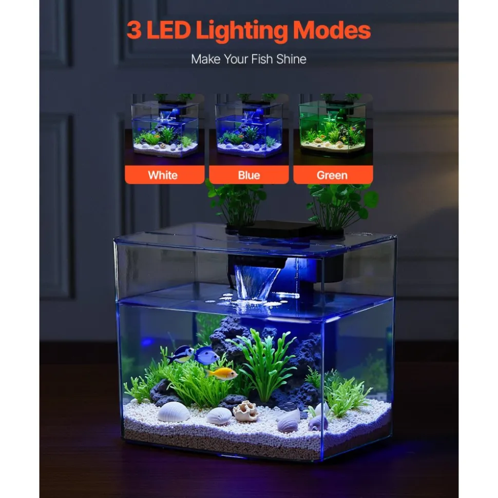 VEVOR Fish Tank Aquarium, 3.5 Gallon Arch Ultra-Clear GPPS Starter Smart Tank Adjustable 3 Color Lighting, Self Cleaning System Fishbowl for Freshwater & Saltwater Fish Home, Office, or Pet Use