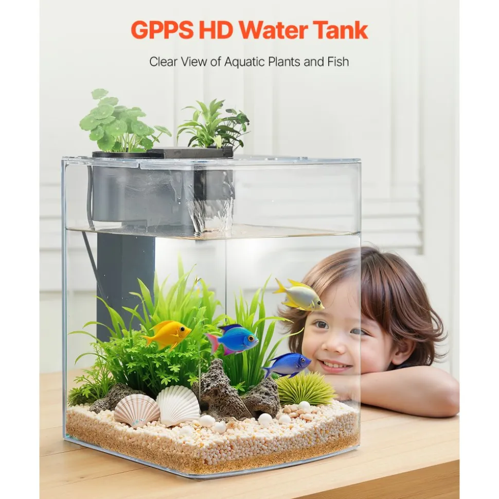 VEVOR Fish Tank Aquarium, 2 Gallon Arch Ultra-Clear GPPS Starter Smart Tank Adjustable 3 Color Lighting, Self Cleaning System Fishbowl for Freshwater & Saltwater Fish Home, Office, or Pet Use