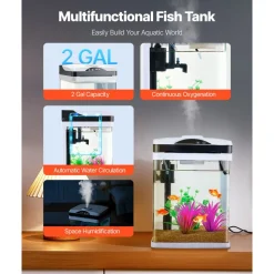 VEVOR Fish Tank Aquarium, 2 Gallon LED Square Ultra-Clear Glass Tank Temperature Monitoring Adjustable 7 Color Lighting, Self Cleaning System Fishbowl for Freshwater & Saltwater Fish Home,Office,Pet