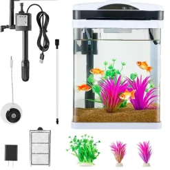 VEVOR Fish Tank Aquarium, 2 Gallon LED Square Ultra-Clear Glass Tank Temperature Monitoring Adjustable 7 Color Lighting, Self Cleaning System Fishbowl for Freshwater & Saltwater Fish Home,Office,Pet