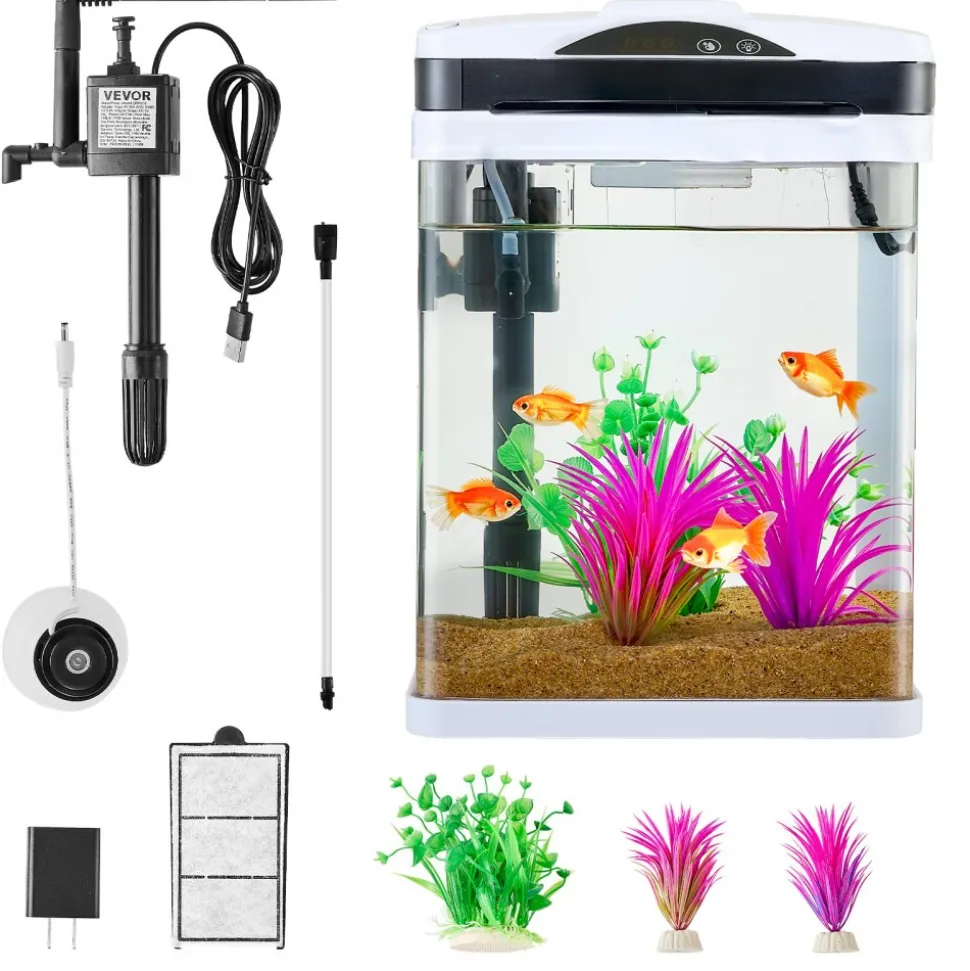 VEVOR Fish Tank Aquarium, 2 Gallon LED Square Ultra-Clear Glass Tank Temperature Monitoring Adjustable 7 Color Lighting, Self Cleaning System Fishbowl for Freshwater & Saltwater Fish Home,Office,Pet
