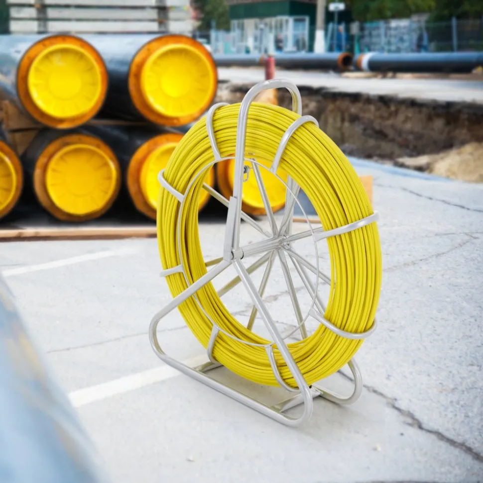VEVOR Fish Tape Fiberglass, 656 ft, 1/4 inch, Duct Rodder Fishtape Wire Puller, Cable Running Rod with Steel Reel Stand, 3 Pulling Heads, Fishing Tools for Walls and Electrical Conduit, Non-Conductive