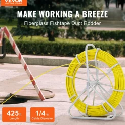 VEVOR Fish Tape Fiberglass, 656 ft, 1/4 inch, Duct Rodder Fishtape Wire Puller, Cable Running Rod with Steel Reel Stand, 3 Pulling Heads, Fishing Tools for Walls and Electrical Conduit, Non-Conductive
