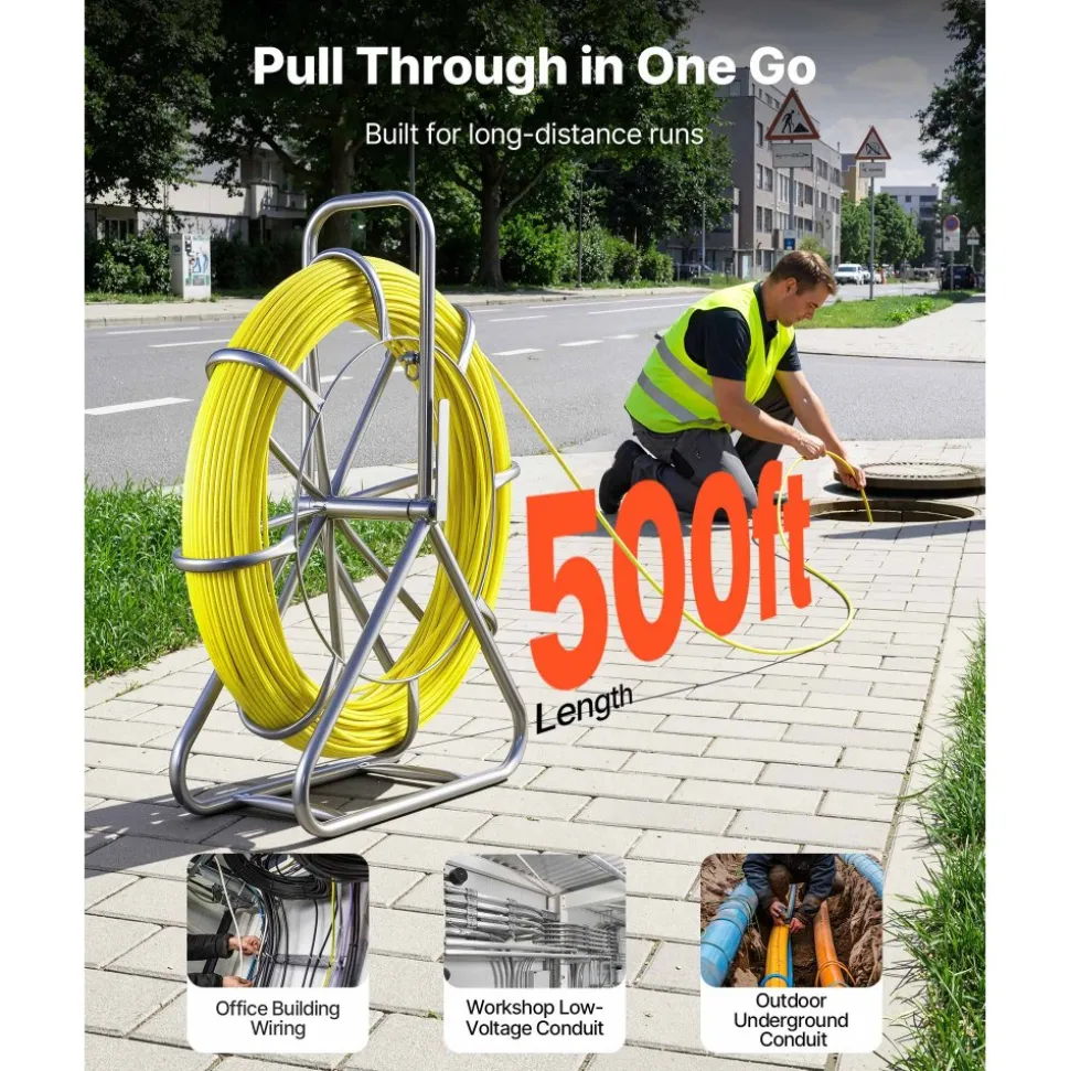 VEVOR Fish Tape Fiberglass, 656 ft, 5/16 in, Duct Rodder Fishtape Wire Puller, Cable Running Rod with Steel Reel Stand, 3 Pulling Heads, Fishing Tools for Walls and Electrical Conduit, Non-Conductive