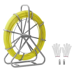 VEVOR Fish Tape Fiberglass, 656 ft, 5/16 in, Duct Rodder Fishtape Wire Puller, Cable Running Rod with Steel Reel Stand, 3 Pulling Heads, Fishing Tools for Walls and Electrical Conduit, Non-Conductive