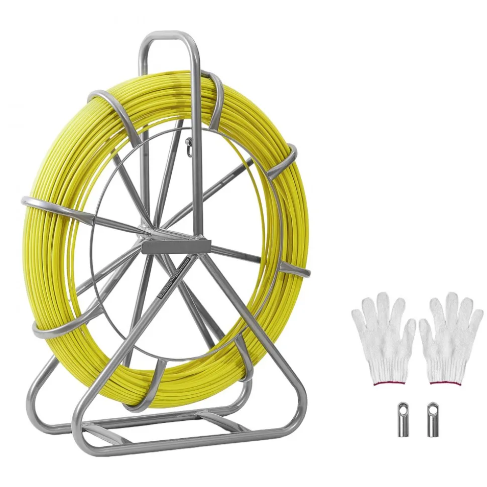 VEVOR Fish Tape Fiberglass, 656 ft, 5/16 in, Duct Rodder Fishtape Wire Puller, Cable Running Rod with Steel Reel Stand, 3 Pulling Heads, Fishing Tools for Walls and Electrical Conduit, Non-Conductive