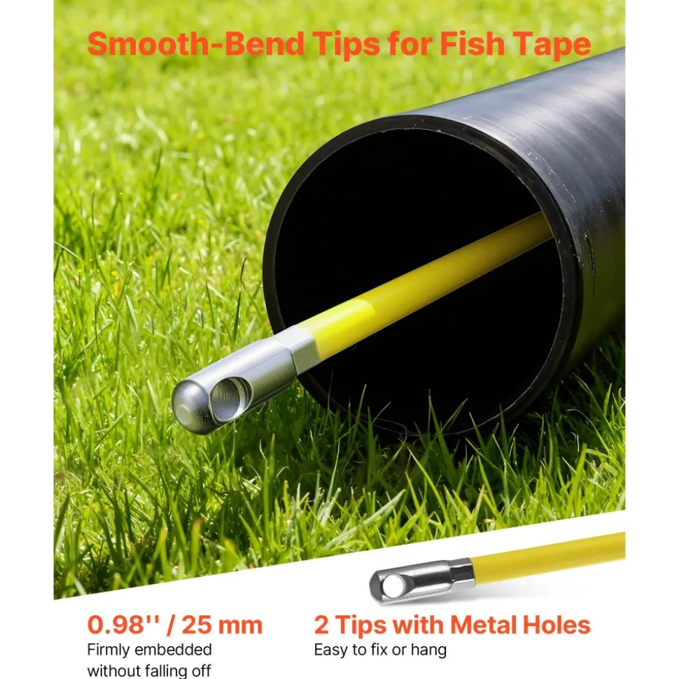 VEVOR Fish Tape Fiberglass, 656 ft, 5/16 in, Duct Rodder Fishtape Wire Puller, Cable Running Rod with Steel Reel Stand, 3 Pulling Heads, Fishing Tools for Walls and Electrical Conduit, Non-Conductive