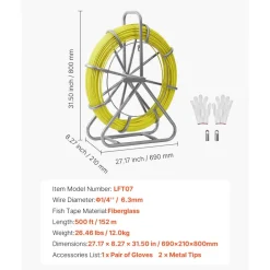 VEVOR Fish Tape Fiberglass, 656 ft, 5/16 in, Duct Rodder Fishtape Wire Puller, Cable Running Rod with Steel Reel Stand, 3 Pulling Heads, Fishing Tools for Walls and Electrical Conduit, Non-Conductive