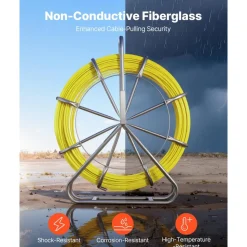 VEVOR Fish Tape Fiberglass, 656 ft, 5/16 in, Duct Rodder Fishtape Wire Puller, Cable Running Rod with Steel Reel Stand, 3 Pulling Heads, Fishing Tools for Walls and Electrical Conduit, Non-Conductive