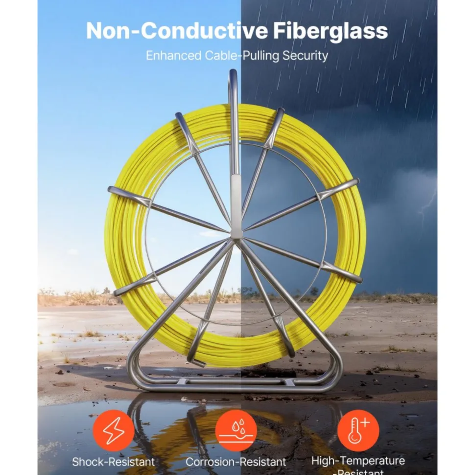 VEVOR Fish Tape Fiberglass, 656 ft, 5/16 in, Duct Rodder Fishtape Wire Puller, Cable Running Rod with Steel Reel Stand, 3 Pulling Heads, Fishing Tools for Walls and Electrical Conduit, Non-Conductive